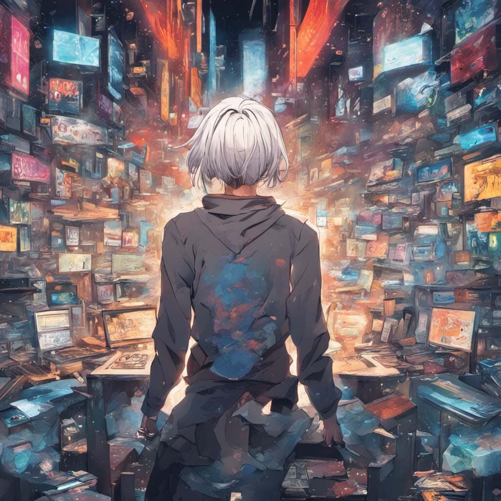 Stylised anime illustration of a figure with white hair, back to the viewer, facing a wall of glowing screens.