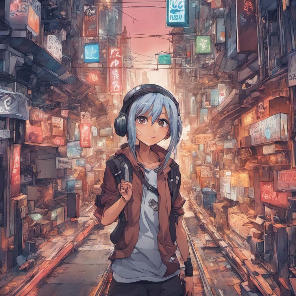 Stylised anime illustration of a young woman with blue hair and headphones standing in a neon-lit cyberpunk alley.