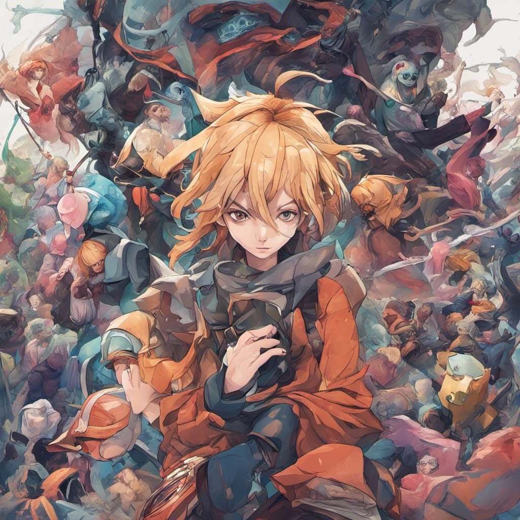 Stylised anime illustration of a young woman holding her hand to her chest, set against a colourful character collage.