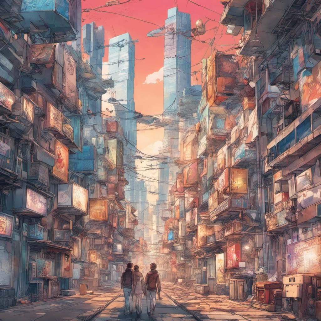 Stylised anime cyberpunk cityscape with two figures walking through a neon-lit alley at sunset.