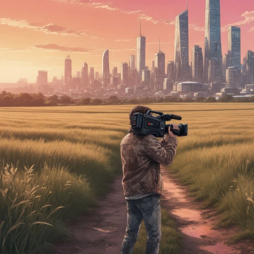 Stylised illustration of a videographer filming a cityscape from a grass field at golden hour.